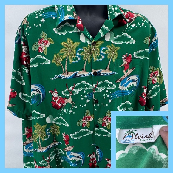 Alvish Other - Alvish Men's Green Santa Surfing Hawaiian‎ Aloha Button Up Shirt Size XL